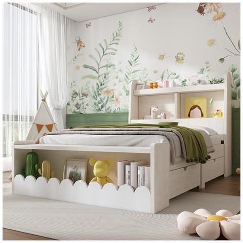 Letto Per Bambini 90x190 Cm, Letto Contenitore Con Cassetti, Ripiano E Panca, Struttura Letto In Legno E Rete A Doghe, Legno Massiccio+mdf, Bianco Con Colore Rovere, Senza Materasso - Foto 4