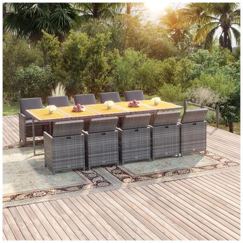 Set Pranzo da Giardino 11 pz con Cuscini in Polyrattan Grigio - Foto 2