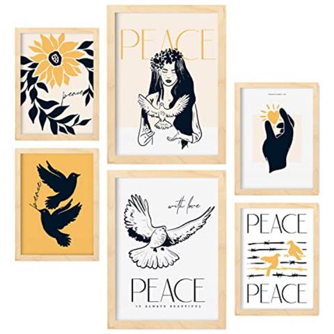 Set Di 6 Stampe Stampe Artistiche Di Pace E Amore Con Inchiostro Nero Raffiguranti Mare E Oceano Per L'interior Design A3 & A4 Telaio In Legno Chiaro - Foto 1