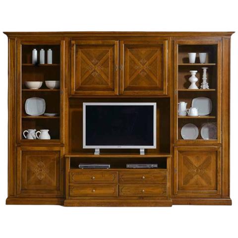 Parete Attrezzata In Legno Con Intarsi Tinta Noce L. 298 P. 56 H. 237 - Foto 1