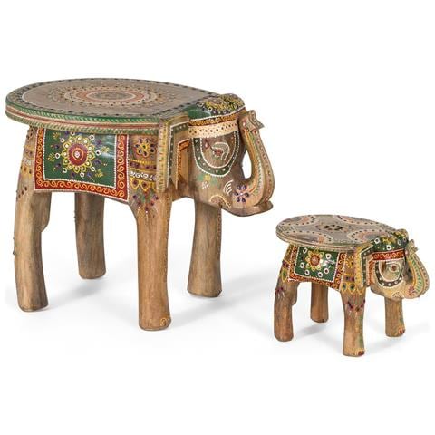 Set Di 2 Statuette Di Elefanti In Legno Intagliate E Dipinte A Mano - Foto 1