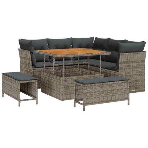 Set di Divani da Giardino 8 Pezzi con Cuscini Grigio Polyrattan Acacia,  Set da Pranzo da Giardino 3 Pezzi con Cuscini Grigio Polyrattan Acacia - Foto 1