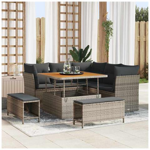 Set di Divani da Giardino 8 Pezzi con Cuscini Grigio Polyrattan Acacia,  Set da Pranzo da Giardino 3 Pezzi con Cuscini Grigio Polyrattan Acacia - Foto 2