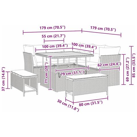 Set di Divani da Giardino 8 Pezzi con Cuscini Grigio Polyrattan Acacia,  Set da Pranzo da Giardino 3 Pezzi con Cuscini Grigio Polyrattan Acacia - Foto 9