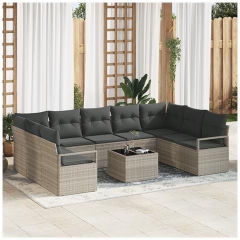 Set di Divano da Giardino a 10 Pezzi con Cuscini in Rattan Polietilene Grigio - Foto 2