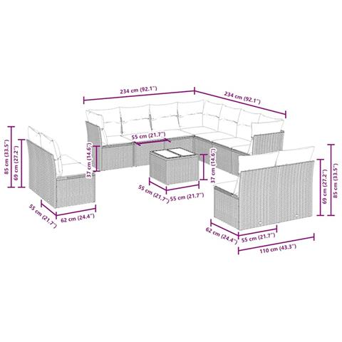 Set Divano Giardino 12 pz con Cuscini Grigio Chiaro Polyrattan - Foto 3