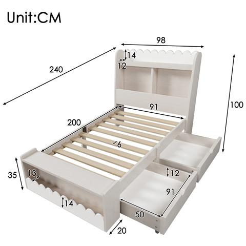 Letto Per Bambini 90x200 Cm, Letto Contenitore Con Cassetti, Ripiano E Panca, Struttura Letto In Legno E Rete A Doghe, Legno Massiccio+mdf, Bianco Con Colore Rovere, Senza Materasso - Foto 2