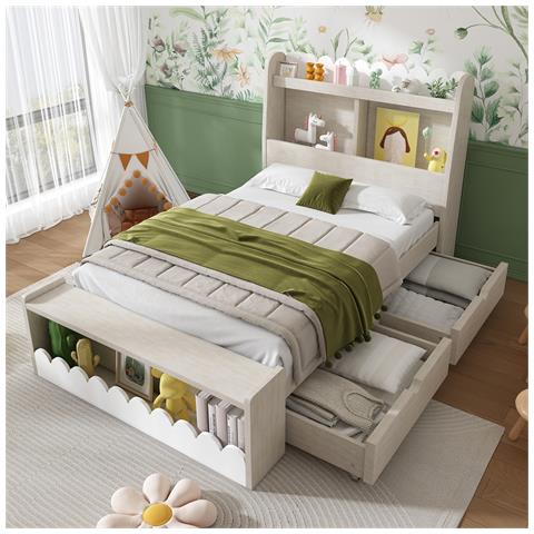 Letto Per Bambini 90x200 Cm, Letto Contenitore Con Cassetti, Ripiano E Panca, Struttura Letto In Legno E Rete A Doghe, Legno Massiccio+mdf, Bianco Con Colore Rovere, Senza Materasso - Foto 1