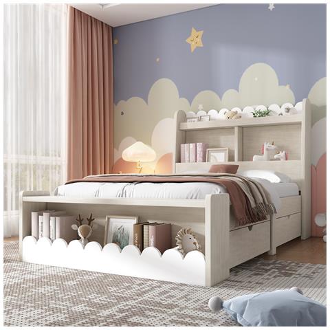 Letto Per Bambini 90x200 Cm, Letto Contenitore Con Cassetti, Ripiano E Panca, Struttura Letto In Legno E Rete A Doghe, Legno Massiccio+mdf, Bianco Con Colore Rovere, Senza Materasso - Foto 4