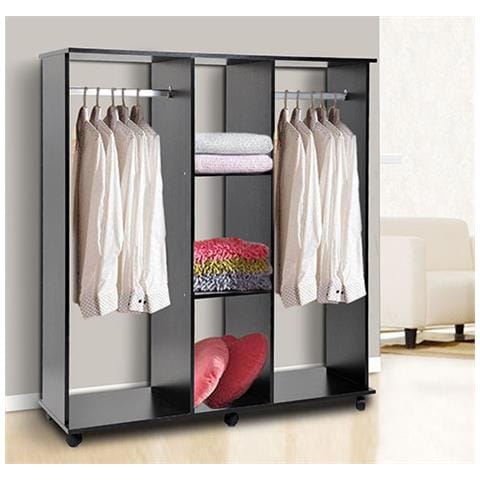 Armadio Guardaroba A 5 Ripiani Con Ruote E Barre Appendiabiti In Legno E Alluminio Nero 120x40x128cm - Foto 8