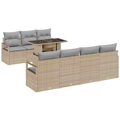 Set di Divani da Giardino da 8 Pezzi con Cuscini Beig in Rattan Poliestere, Divano da Giardino a 2 Posti con Cuscini Beige in Rattan Poliestere - Foto 1