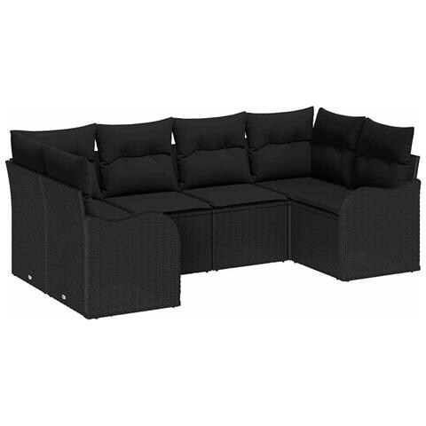 Set Divano da Giardino 6 Pezzi con Cuscini Rattan Nero, Divano da Giardino a 2 Posti con Cuscini Rattan Nero - Foto 1