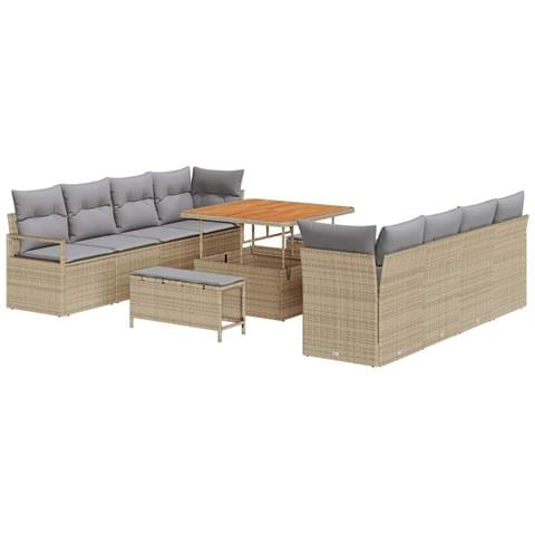 Set Divano Giardino  11 Pezzi con Cuscini Beige Polyrattan Acacia, Divano Giardino  2 Posti con Cuscini Beige Polyrattan, Set da Pranzo Giardino  3 Pezzi con Cuscini Beige Polyrattan Acacia - Foto 1