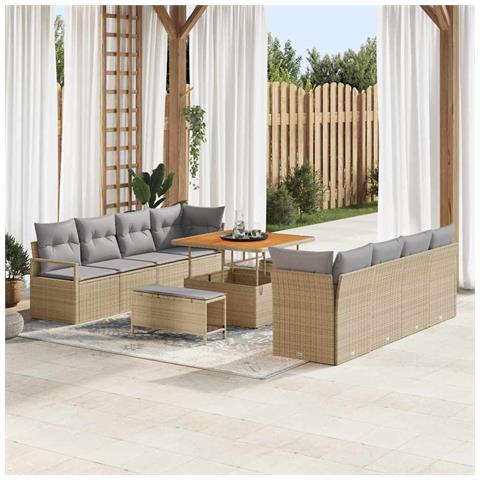 Set Divano Giardino  11 Pezzi con Cuscini Beige Polyrattan Acacia, Divano Giardino  2 Posti con Cuscini Beige Polyrattan, Set da Pranzo Giardino  3 Pezzi con Cuscini Beige Polyrattan Acacia - Foto 2