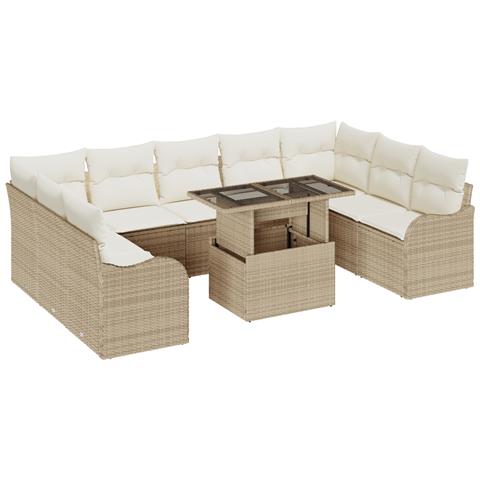 Set di divani da giardino  10 pezzi con cuscini beige rattan poliestere, Divano da giardino  2 posti con cuscini beige rattan poliestere - Foto 1