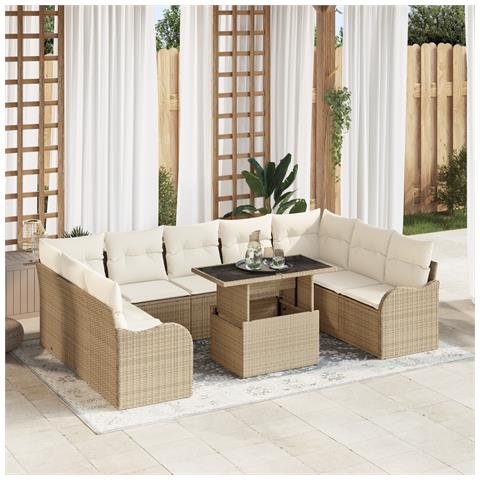 Set di divani da giardino  10 pezzi con cuscini beige rattan poliestere, Divano da giardino  2 posti con cuscini beige rattan poliestere - Foto 2