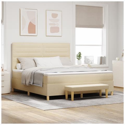 Letto Box Spring con Materasso e Panchina Crema 180x200 cm Tessuto - Foto 2
