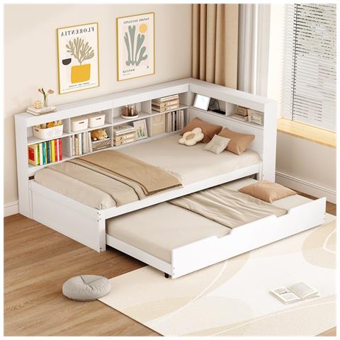 Divano Letto 90x200 Cm, Letto A Scomparsa 90x190 Cm, Con Presa Usb E Diversi Vani Portaoggetti, Letto In Legno Massiccio, Letto Singolo, Letto In Legno Multifunzionale, Bianco, Senza Materasso - Foto 1