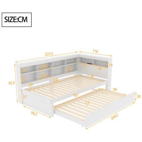 Divano Letto 90x200 Cm, Letto A Scomparsa 90x190 Cm, Con Presa Usb E Diversi Vani Portaoggetti, Letto In Legno Massiccio, Letto Singolo, Letto In Legno Multifunzionale, Bianco, Senza Materasso - Foto 2