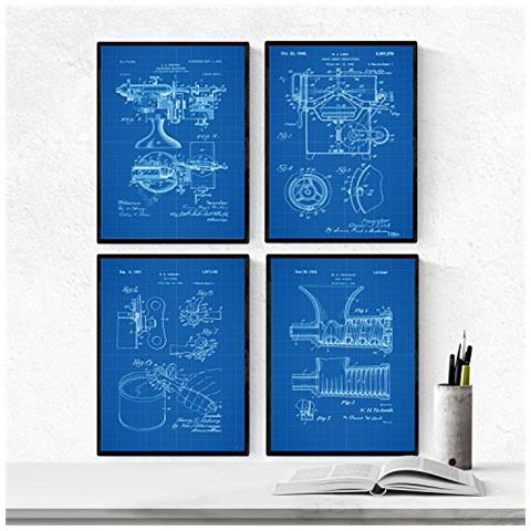 Set Di 4 Stampe Blu Fogli Con Brevetti Cucina. Impostare Manifesti Con Invenzioni E Vecchi Brevetti. Scegli Il Colore Che Gradite Senza Cornice A4 - Foto 1