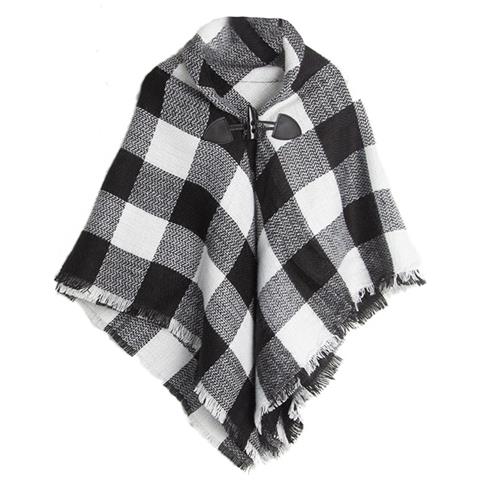 Elegante Scialle A Mantella In Finto Cashmere A Quadri Con Fibbia A Corno Black&white - Foto 1