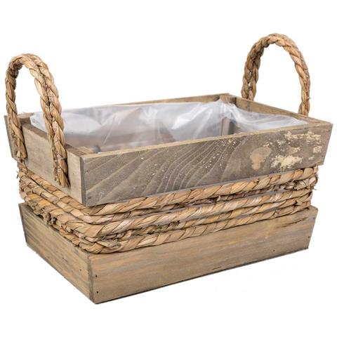 Cesto In Legno E Corda Con Manici Marroni 29x19x14h - Foto 1