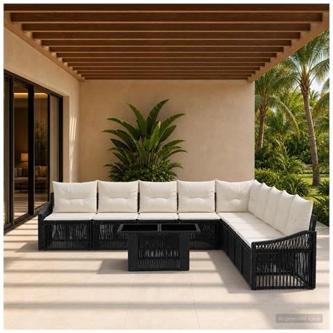 Set Divano da Giardino 10 pz Nero e Bianco Crema polyrattan - Foto 10