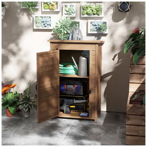 Armadio Da Giardino In Legno Con Ripiano Regolabile E Catenaccio, 75x56x117cm, Marrone - Foto 2