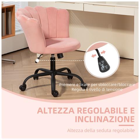 Sedia da Ufficio con Schienale a Petalo Senza Braccioli con Altezza Regolabile, Rivestimento in Velluto, Rosa - Foto 2