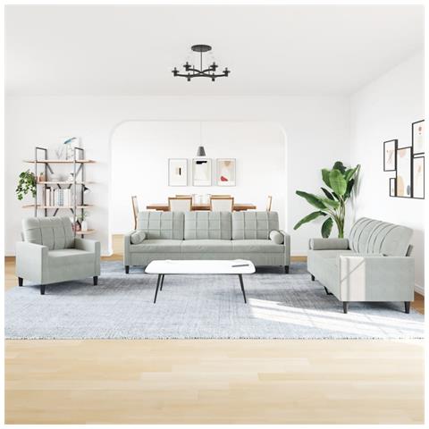 Set Di Divani 3 Pz Con Cuscini E Rinforzi Grigio Chiaro Velluto - Foto 3