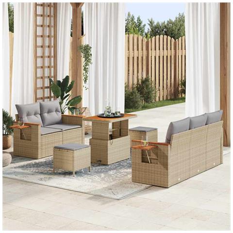 Set di divani da giardino  8 pezzi con cuscini Beige in Polyrattan e Acacia, Set da cucina da giardino  3 pezzi con cuscini Beige in Polyrattan e Acacia - Foto 2
