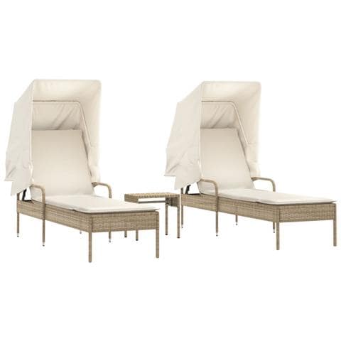 Lettini Prendisole 2 pz con Baldacchino e Tavolino Polyrattan - Foto 1