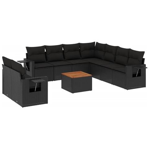 Set Divani da Giardino 10pz con Cuscini in Polyrattan Nero - Foto 1