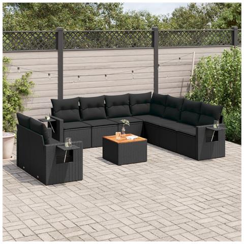 Set Divani da Giardino 10pz con Cuscini in Polyrattan Nero - Foto 2