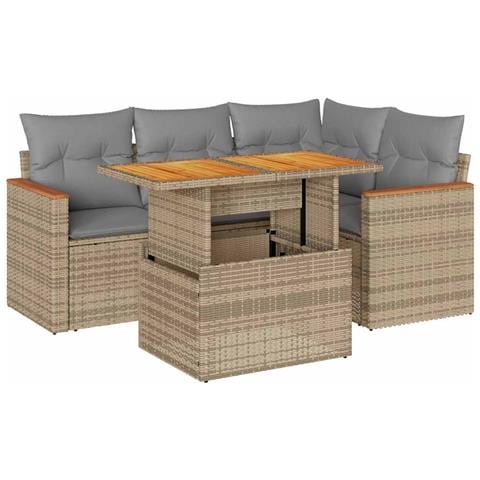 Set Divano da Giardino 5 pz con Cuscini Beige Polyrattan Acacia - Foto 1