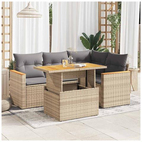 Set Divano da Giardino 5 pz con Cuscini Beige Polyrattan Acacia - Foto 2
