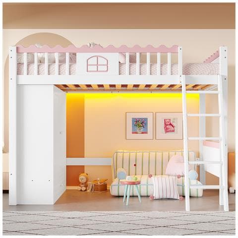 Letto A Soppalco, Letto Per Bambini 90x200 Cm (senza Materasso), Letto Singolo Con Illuminazione A Led, Con Armadio E Cassetto Portaoggetti, Certificato En747, Legno Di Pino, Bianco - Foto 2