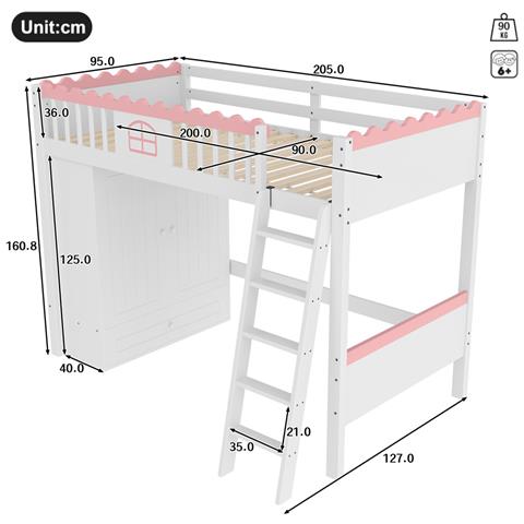 Letto A Soppalco, Letto Per Bambini 90x200 Cm (senza Materasso), Letto Singolo Con Illuminazione A Led, Con Armadio E Cassetto Portaoggetti, Certificato En747, Legno Di Pino, Bianco - Foto 4