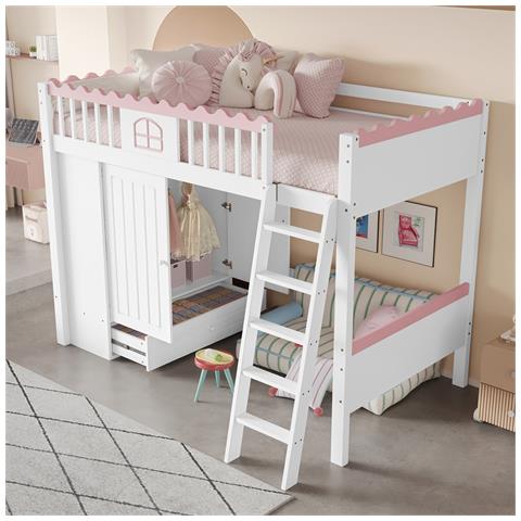 Letto A Soppalco, Letto Per Bambini 90x200 Cm (senza Materasso), Letto Singolo Con Illuminazione A Led, Con Armadio E Cassetto Portaoggetti, Certificato En747, Legno Di Pino, Bianco - Foto 1
