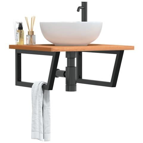 Ripiano a Parete per Lavabo in Acciaio e Massello di Faggio - Foto 2