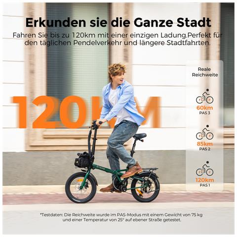 Zip Bici elettrica pieghevole, motore posteriore 250W, autonomia massima 120km, piegatura in 3 secondi, ideale per pendolari urbani, metropolitana e viaggi in auto, colore nero - Foto 10