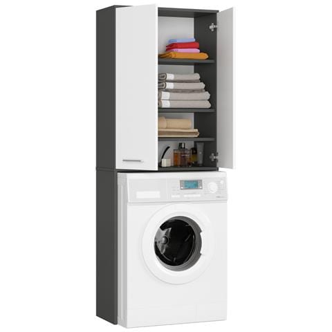 Mobile Alto, Collona da Bagno FIN per Lavatrice, 2 ante, 64x30x180 cm, Colore Grigio Grafite e Bianco - Foto 2