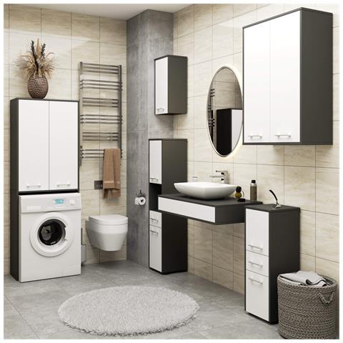 Mobile Alto, Collona da Bagno FIN per Lavatrice, 2 ante, 64x30x180 cm, Colore Grigio Grafite e Bianco - Foto 6