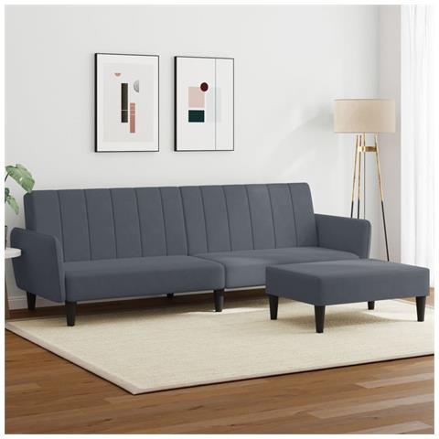 Divano Letto 2 Posti Con Poggiapiedi Grigio Scuro In Velluto - Foto 8