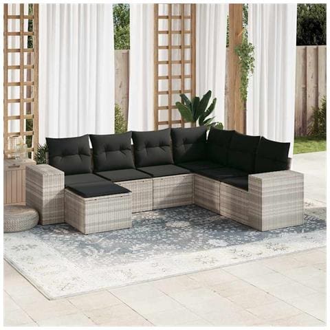 Set Divani Da Giardino 7pz Con Cuscini Grigio Chiaro Polyrattan - Foto 1