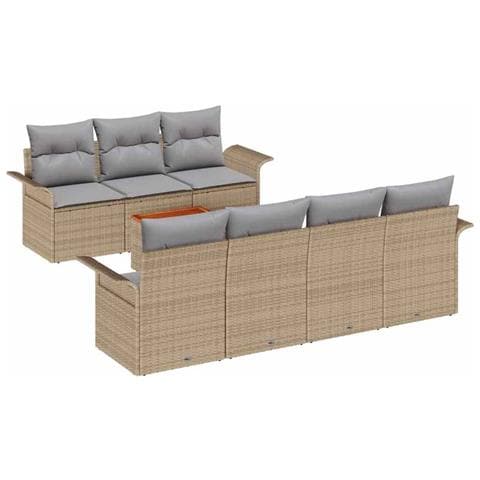 Set di divani da giardino  8 pezzi con cuscini beige in polyrattan, Divano da giardino  2 posti con ripostiglio e cuscini beige in polyrattan - Foto 1