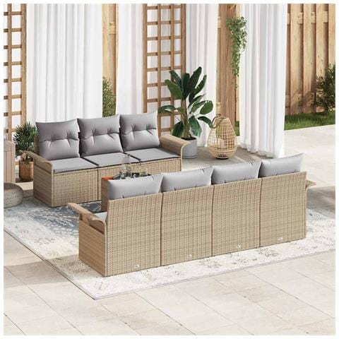 Set di divani da giardino  8 pezzi con cuscini beige in polyrattan, Divano da giardino  2 posti con ripostiglio e cuscini beige in polyrattan - Foto 2