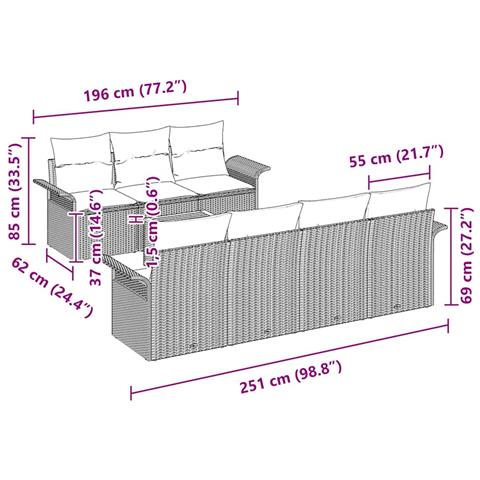 Set di divani da giardino  8 pezzi con cuscini beige in polyrattan, Divano da giardino  2 posti con ripostiglio e cuscini beige in polyrattan - Foto 9