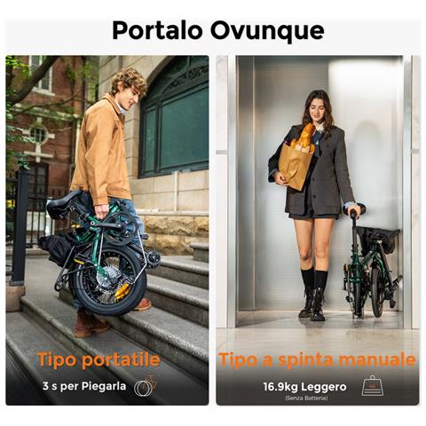 Zip Bici a pedalata assistita piegabile, freno idraulico, cambio Shimano 7 velocità, batteria 36V 10Ah, autonomia massima 120km, perfetta per spostamenti quotidiani in città, colore verde - Foto 2