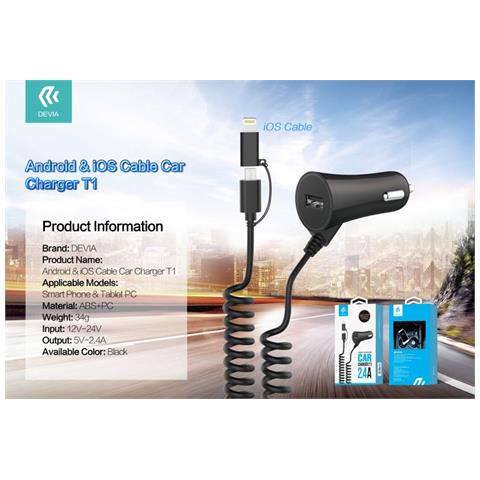 Carica Da Auto T1 Con Cavo Android & Lightning + Uscita Usb - Foto 1